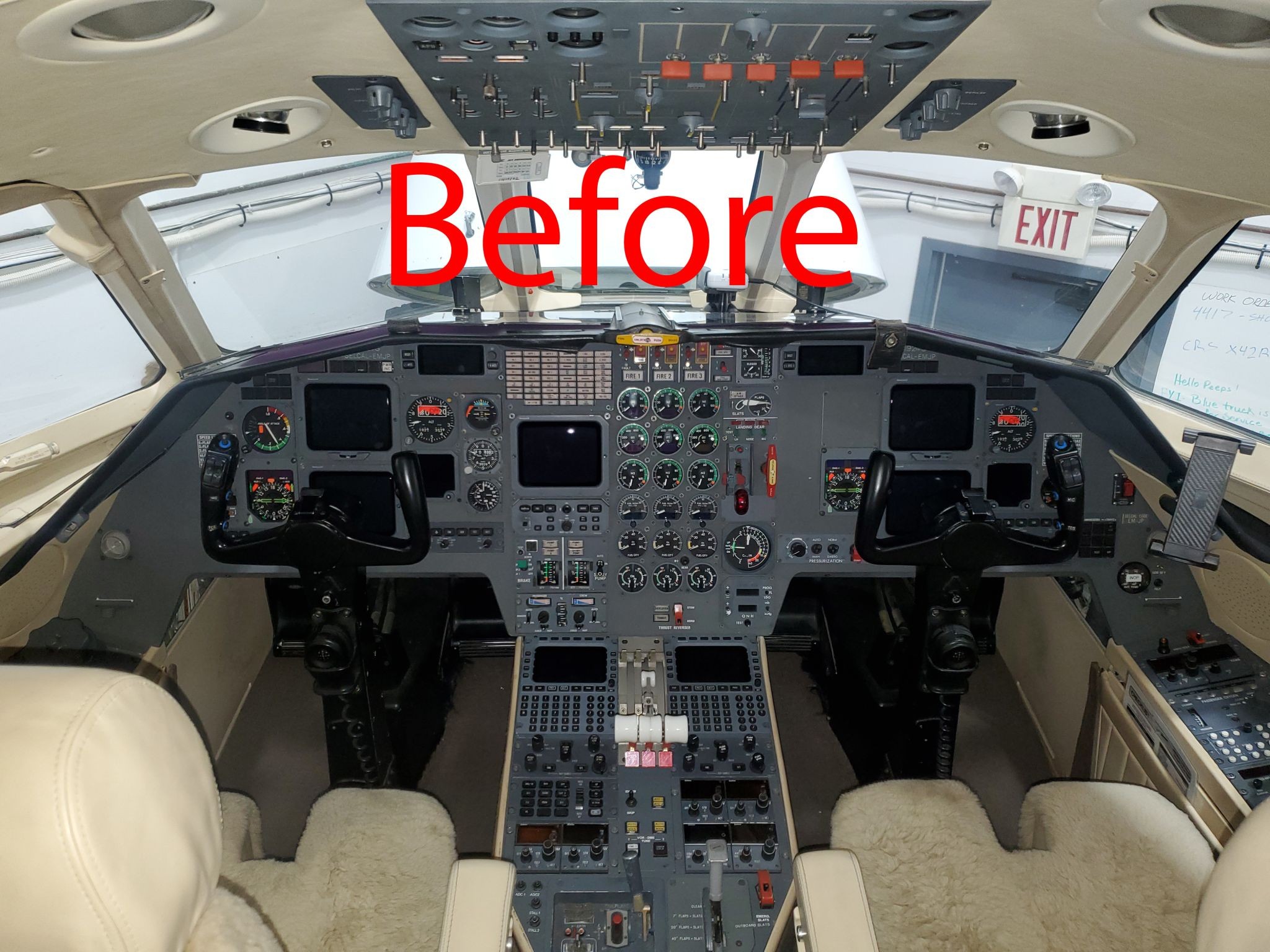 Before image of a Falcon 900B showing the analog flight instruments in the original cockpit and the new InSight displays
