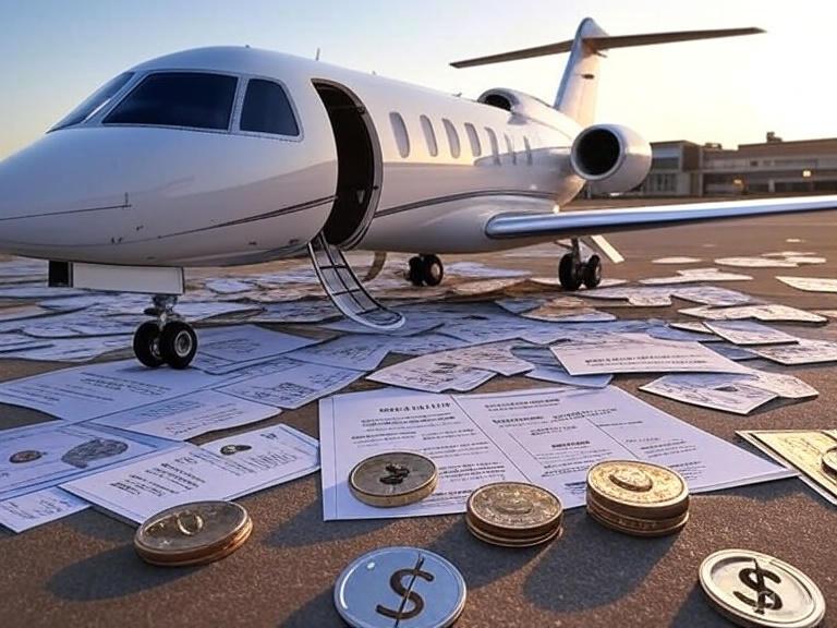 Image illustrating tax breaks available for upgrading and refitting business jets, featuring an executive jet, tax document icons, and renovation tools.